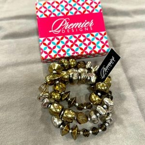 Premiere Designs “Gold Mine” 3 banded silvertone with bronze beads NWT